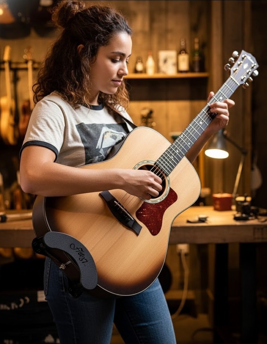 Guitarist playing an acoustic guitar with the Fret37 Acoustic S1 stand attached
